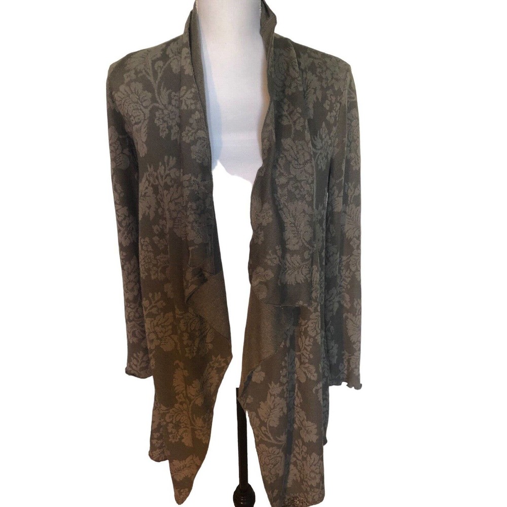 Knox Rose Long Sleeve‎ Open Front Cardigan Taupe Green Damask Waterfall Small